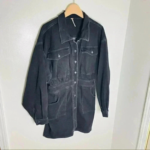 NEW Free People Bo Black Denim Button Front Mini Dress Preppy Academia Neutral - Picture 3 of 7